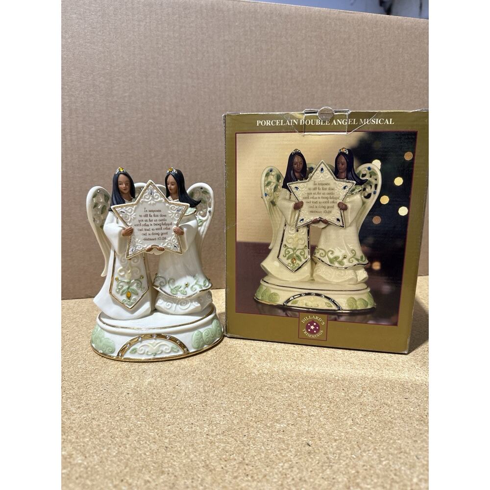 Dillard’s Porcelain Double Angel Musical Figurine Box Hebrews 10:24 Hark Herald